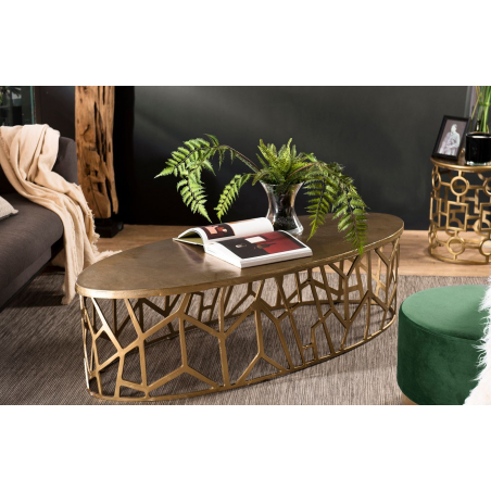 MACABNE - Table basse ovale 150x60cm aluminium doré piètement graphique