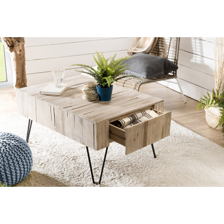 MACABANE - Table basse nature 2 tiroirs Teck - pieds épingles scandi