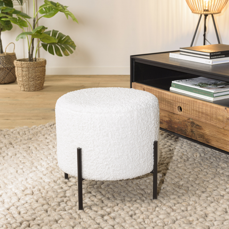 MACABANE - Tabouret rond 40x40cm tissu bouclette blanc pieds métal noir