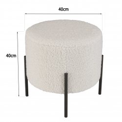 MACABANE - Tabouret rond 40x40cm tissu bouclette blanc pieds métal noir