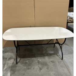MACABANE - Table bords arrondis 180x90cm plateau céramique beige pieds arc métal