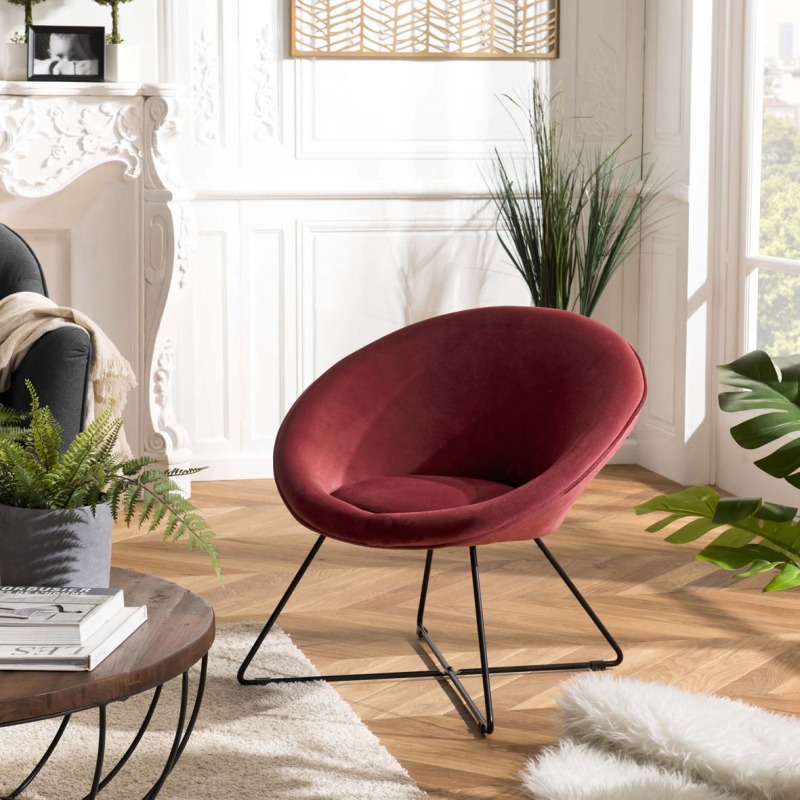 MACABANE - Fauteuil cocooning tissu velours bordeaux pieds croisés métal