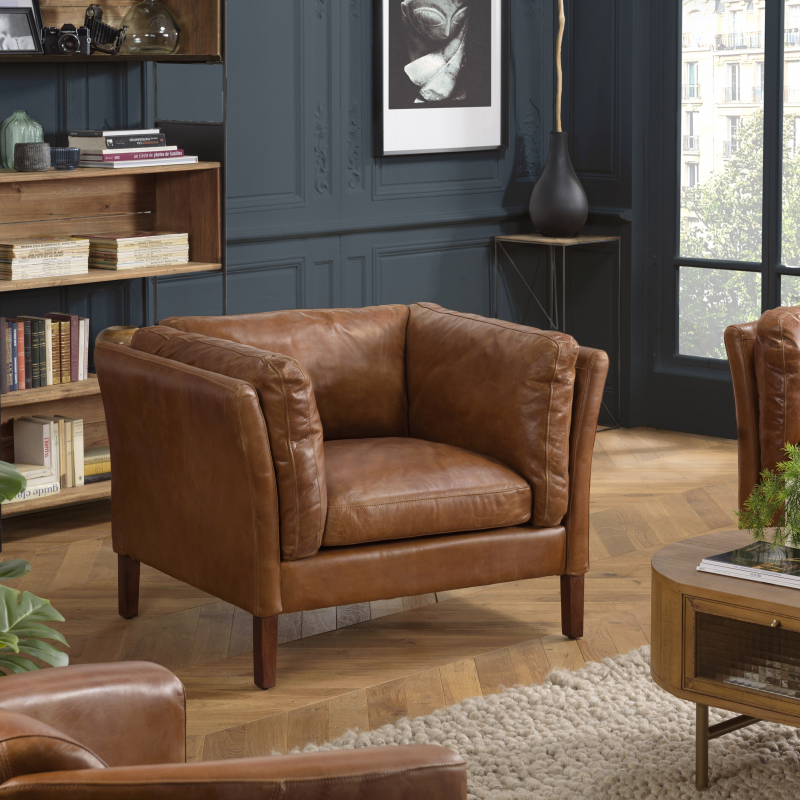 MACABANE - Fauteuil marron MILANO vintage cuir 1 place pieds bois