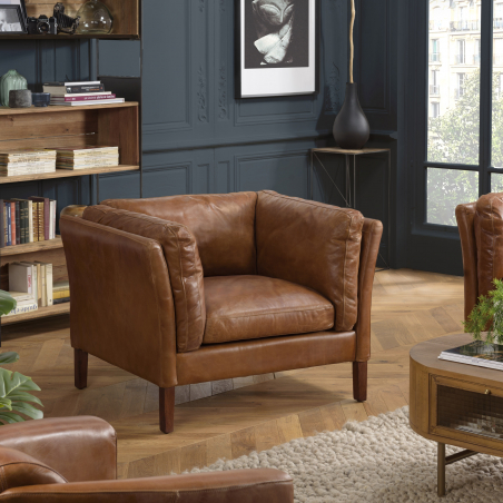 MACABANE - Fauteuil marron MILANO vintage cuir 1 place pieds bois
