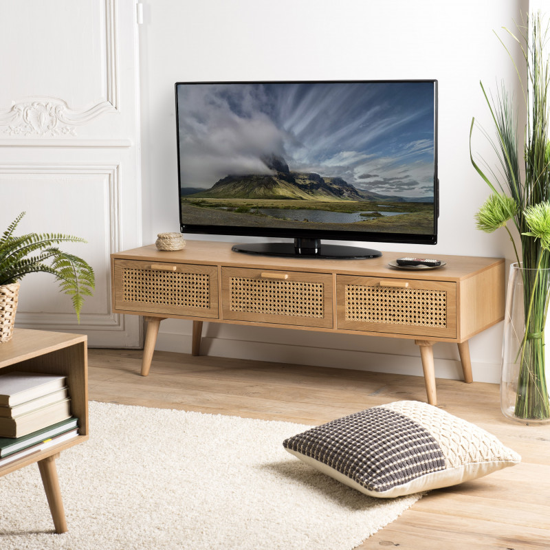 MACABANE - Meuble TV couleur naturel 3 tiroirs cannage
