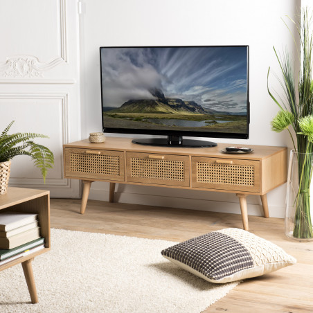 MACABANE - Meuble TV couleur naturel 3 tiroirs cannage
