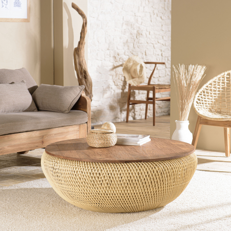 MACABANE - Table basse 100x100cm en rotin beige plateau amovible