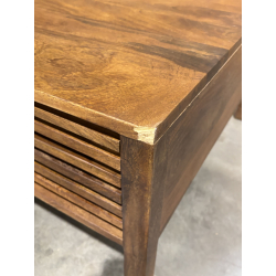 MACABANE - Table basse carrée 70x70cm en bois de manguier 2 tiroirs ajourés
