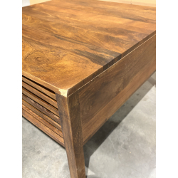 MACABANE - Table basse carrée 70x70cm en bois de manguier 2 tiroirs ajourés
