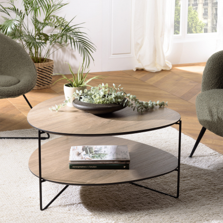 MACABANE - Table basse 2 plateaux forme ovoïde couleur mocha pieds métal
