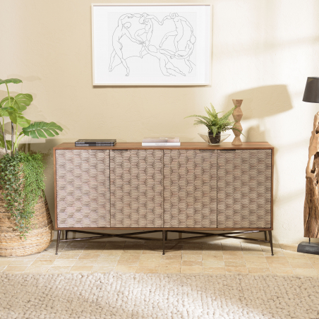 MACABANE - Buffet en bois de manguier 4 portes motifs ethniques