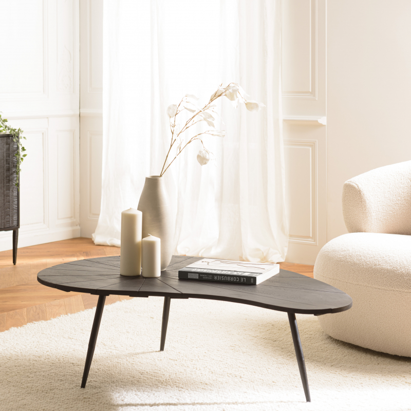 MACABANE - Table basse ovoïde plateau texturé noir mat pieds en fer noir