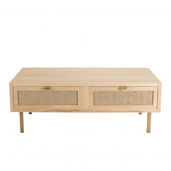 MACABANE - Table basse 2 tiroirs toile de jute pieds métal doré