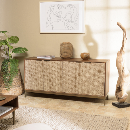 MACABANE - Buffet en bois de manguier 4 portes motifs ethniques