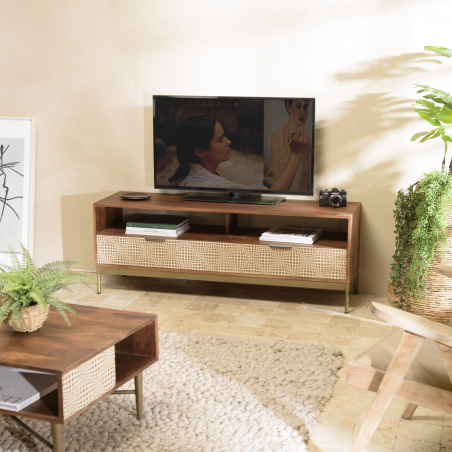 MACABANE - Meuble TV en bois de manguier 2 niches 2 tiroirs