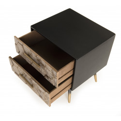 MACABANE - Chevet noir 2 tiroirs scandi bois Sapin marqueté pieds métal doré