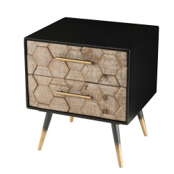 MACABANE - Chevet noir 2 tiroirs scandi bois Sapin marqueté pieds métal doré