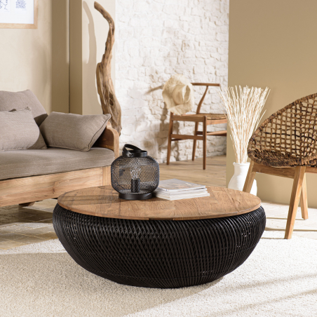 MACABANE - Table basse ronde 100x100cm en rotin noir plateau amovible