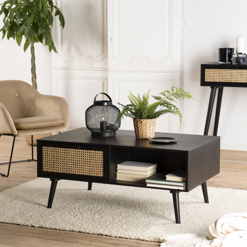MACABANE - Table basse noire 2 tiroirs cannage 1 niche