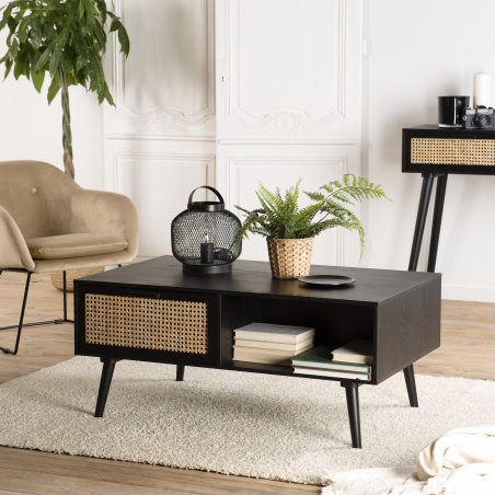 MACABANE - Table basse noire 2 tiroirs cannage 1 niche
