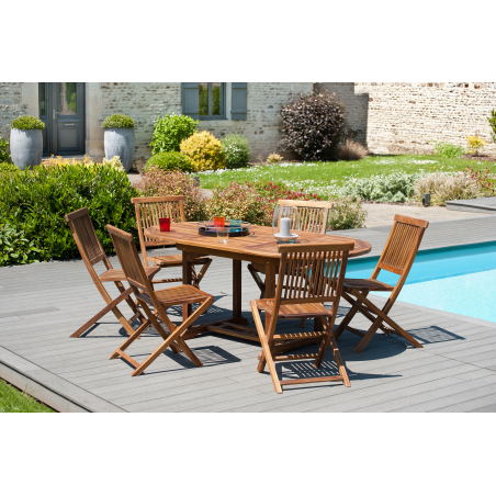 MACABANE - Table de jardin 120/180 x 90 cm ovale extensible 4/6 personnes en bois Teck huilé