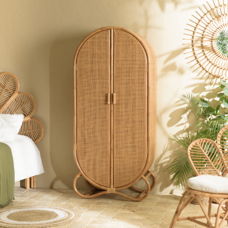 MACABANE - Armoire en rotin 2 portes en cannage couleur brun miel