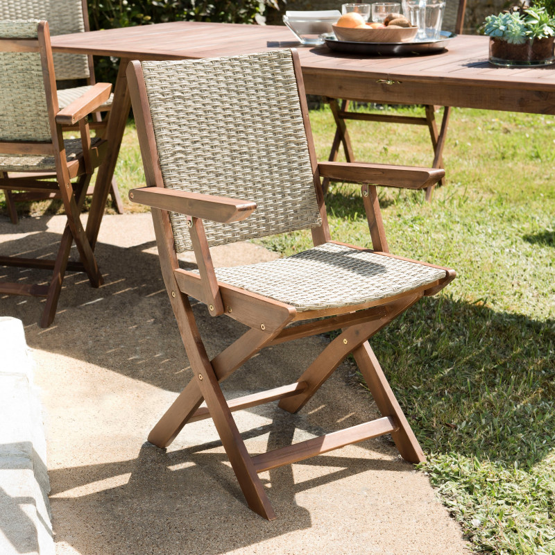 MACABANE - Lot de 2 fauteuils pliants Acacia et rotin synthétique
