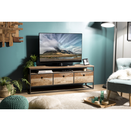 MACABANE - Meuble TV 3 tiroirs Teck recyclé Acacia Mahogany et métal