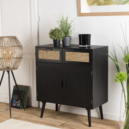MACABANE - Buffet bois noir 2 tiroirs cannage 2 portes