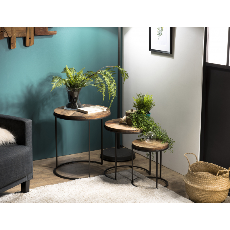 MACABANE - Set de 2 tables d'appoint rondes gigogne Teck recyclé Acacia