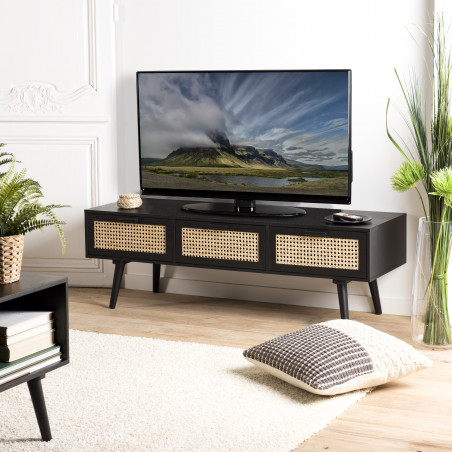 MACABANE - Meuble TV en bois noir 3 tiroirs cannage clair