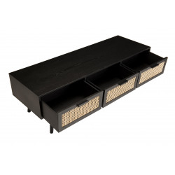 MACABANE - Meuble TV en bois noir 3 tiroirs cannage clair