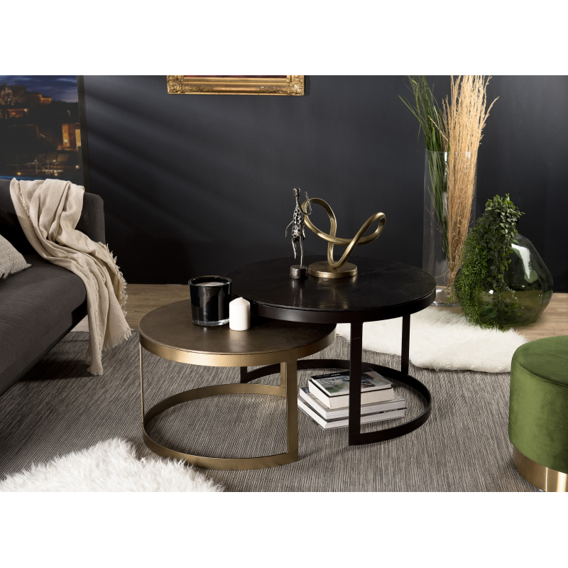 MACABANE - Set de 2 tables gigognes ceinturées rondes alu noir doré