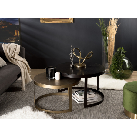 MACABANE - Set de 2 tables gigognes ceinturées rondes alu noir doré
