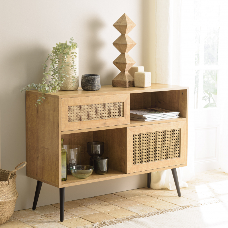 MACABANE - Buffet bas marron 3 niches 2 portes effet cannage pieds métal
