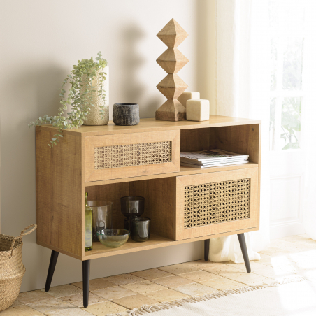 MACABANE - Buffet bas marron 3 niches 2 portes effet cannage pieds métal