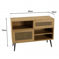 MACABANE - Buffet bas marron 3 niches 2 portes effet cannage pieds métal