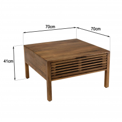 MACABANE - Table basse carrée 70x70cm en manguier 2 tiroirs ajourés