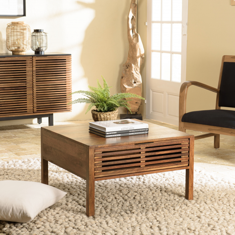 MACABANE - Table basse carrée 70x70cm en bois de manguier 2 tiroirs ajourés