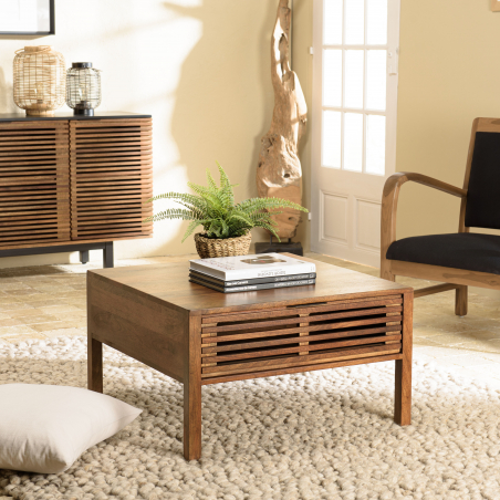 MACABANE - Table basse carrée 70x70cm en bois de manguier 2 tiroirs ajourés