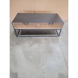 MACABANE - Table basse rectangulaire noire métal 2 tiroirs cannage marron