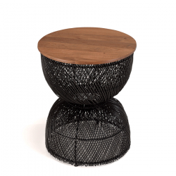 MACABANE - Table d'appoint en rotin noir plateau en bois de teck recyclé
