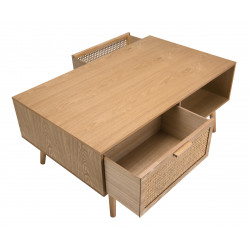 MACABANE - Table basse en bois 2 tiroirs en cannage 1 niche