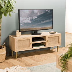 MACABANE - Meuble TV naturel 2 niches 2 portes coloris naturel toile de jute pieds métal doré