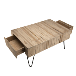 MACABANE - Table basse rectangulaire 2 tiroirs bois teck naturel pieds épingles scandi métal