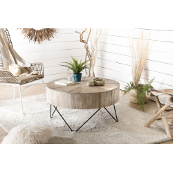 MACABANE - Table basse nature ronde  Teck pieds épingles scandi