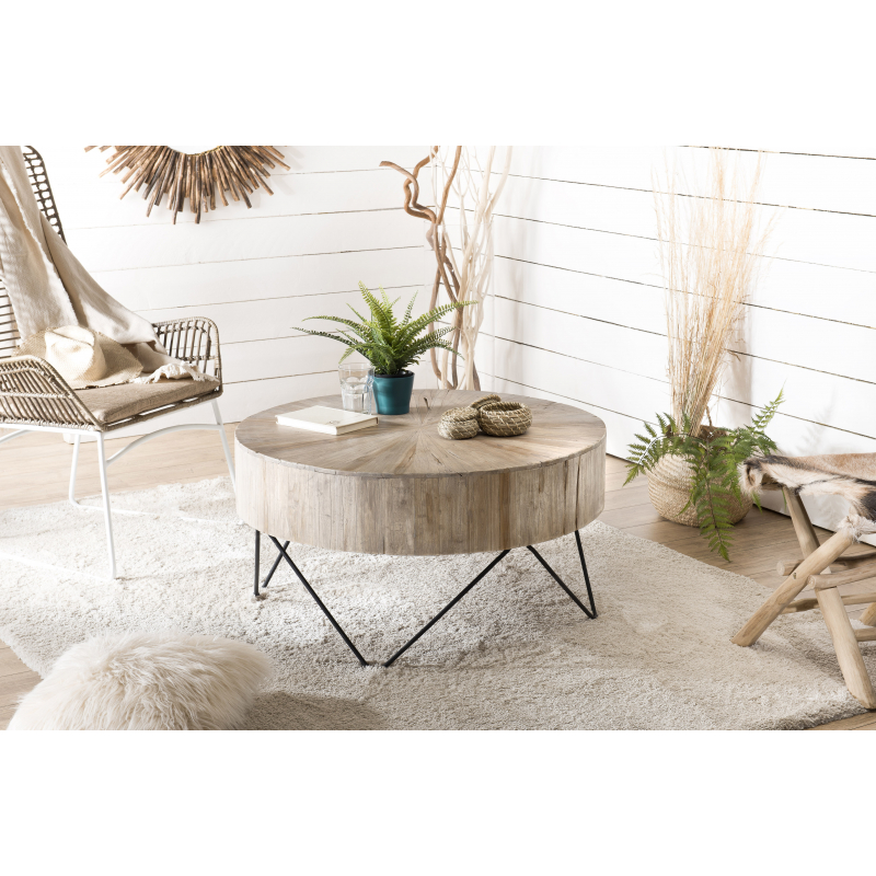 MACABANE - Table basse nature ronde  Teck pieds épingles scandi